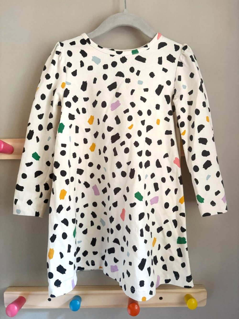 Hanna Andersson Long Sleeved "Brush Stroke" Polka Dot Dress w/ Puff Shoulders